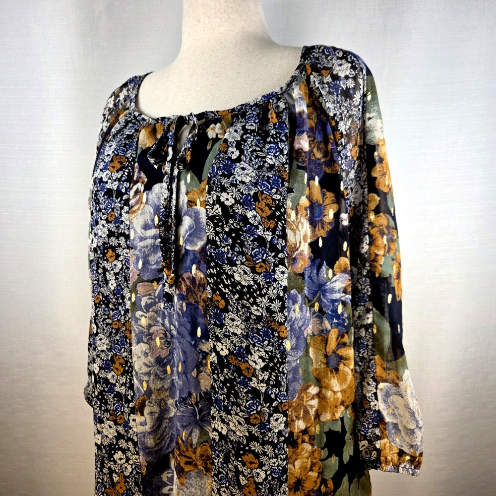 Fig And Flower Tunic Top Women's Large‎ Blue Floral Lined Boho Fairy Cottagecore